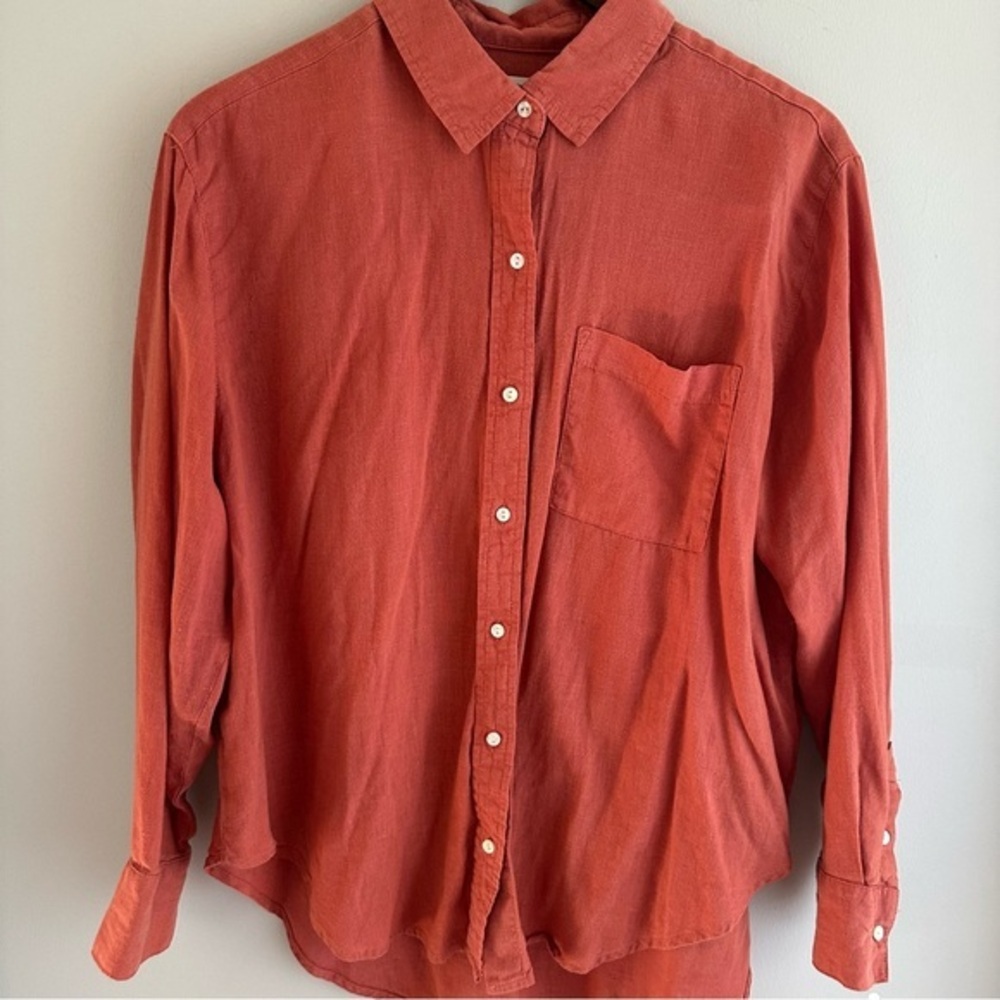 a.n.a Women’s Oversized Coral Long Sleeve Button Up Shirt Top Small Linen Blend